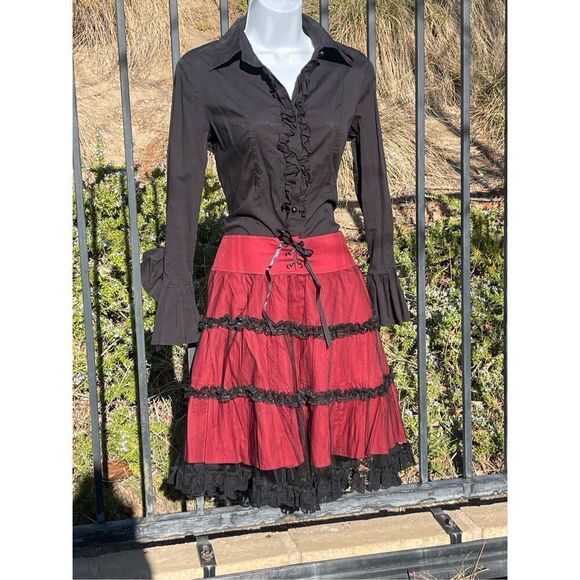 Lip Service Skirt Y2K Cottagecore Black and Red Lace and Tulle Layered - Picture 2 of 7